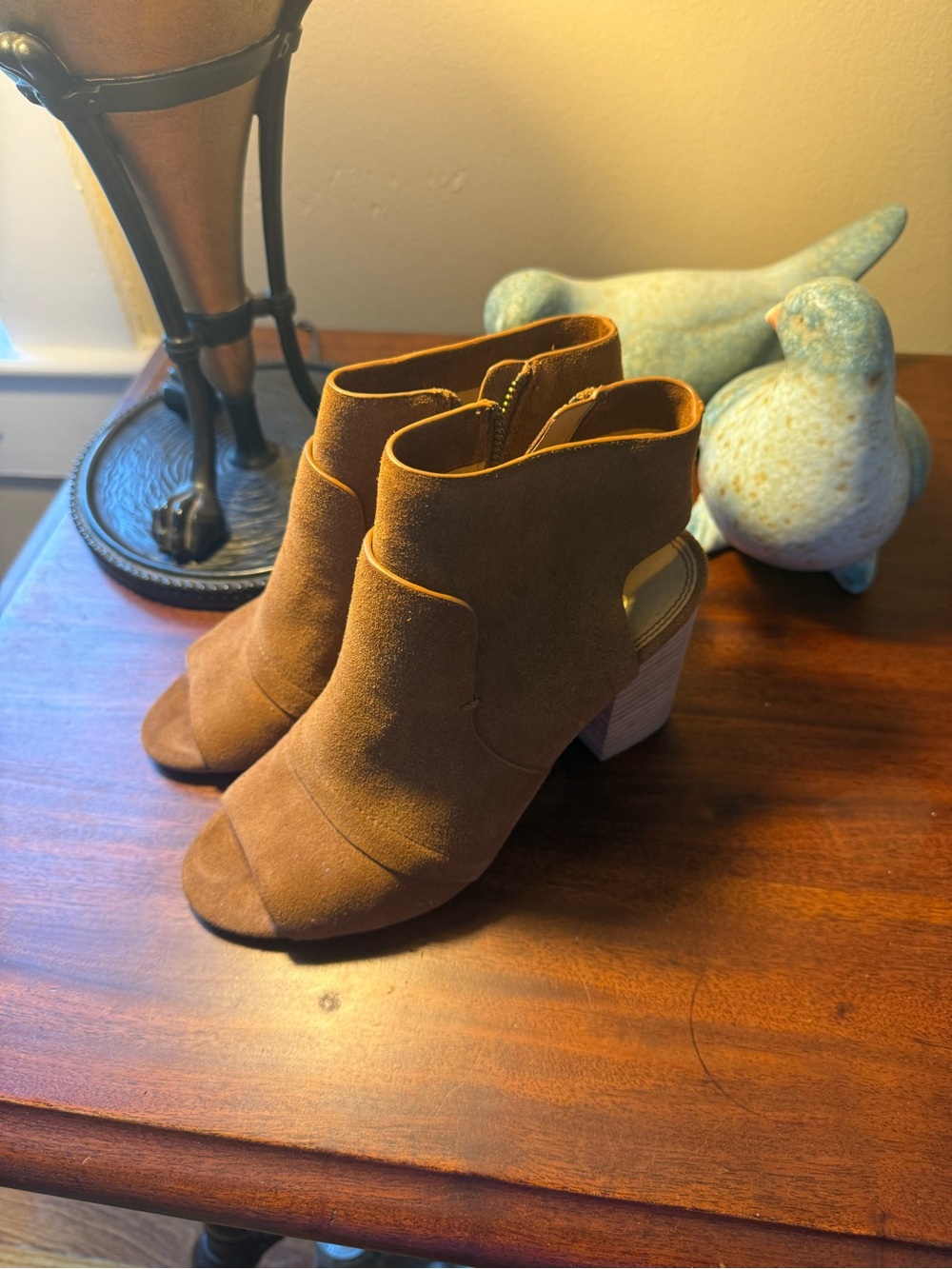 Splendid Tan Suede Peep-Toe Stacked Heel Ankle Boots - Picture 3 of 11